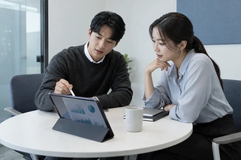태블릿 차트를 보며 회의하는 두 실무자