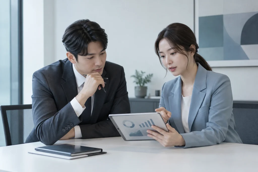 태블릿의 데이터 차트를 함께 검토하며 상담하는 두 실무자